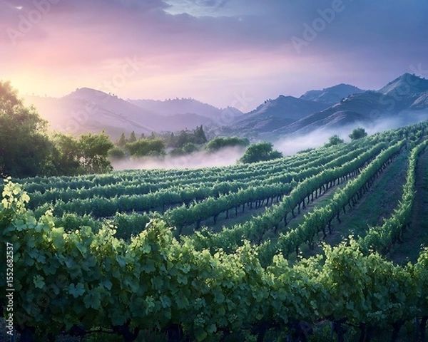 Obraz Lush vineyard at dawn with early morning fog rolling through the hills