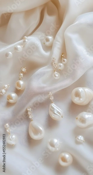 Fototapeta Pearl earrings of all shapes rest on white cloth. Light hits each one to show glow and form. Calm, luxe tone with soft mood and shine.


