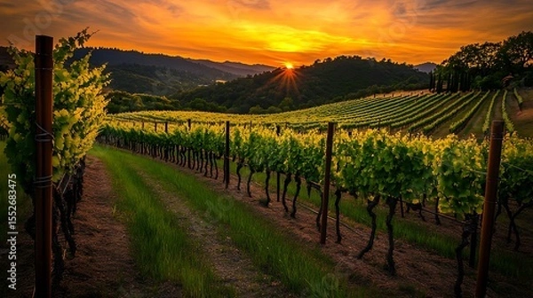 Obraz Lush vineyard with rolling green rows of grapevines under a golden sunset