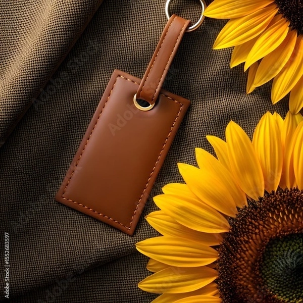 Obraz Warm Tones and Textures A Leather Tag on Textured Fabric Beside Vibrant Sunflowers