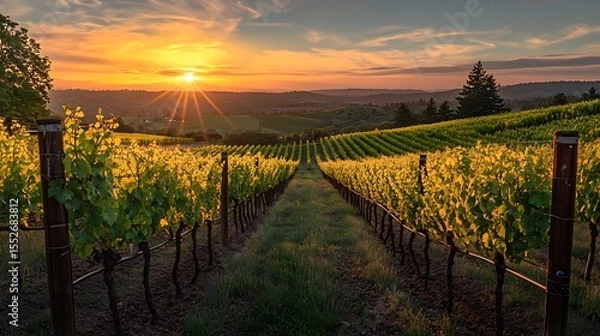 Obraz Lush vineyard with rolling green rows of grapevines under a golden sunset
