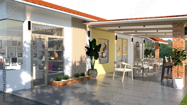 Fototapeta Modern, cozy beige cafe and bakery with counter, professional espresso machine, cake display, tables, chairs, window to backyard for luxury coffee shop, bistro interior design background 3D