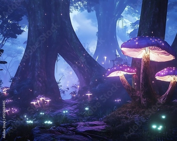 Obraz Magical deep jungle with ancient towering trees and soft glowing mushrooms