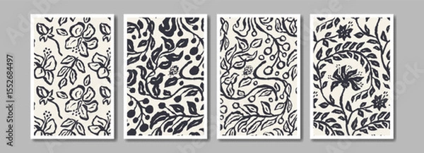 Fototapeta Ink brush abstract floral pattern for poster or card design set. Black and white minimalist doodle nature background bundle for social media or wall art. Vector illustration.