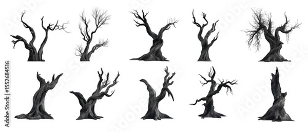 Obraz Ten gnarled, spooky trees stand starkly against a transparent background, ideal for Halloween designs or gothic fantasy landscapes.