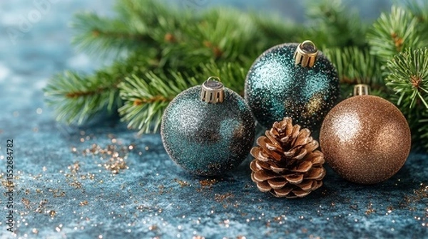 Fototapeta Festive Christmas ornaments and pinecone on textured blue surface