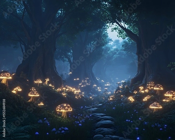Obraz Magical deep jungle with ancient towering trees and soft glowing mushrooms
