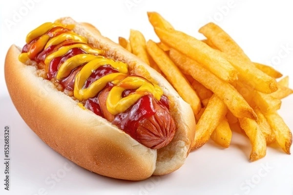 Obraz A classic hot dog in a soft bun, generously topped with ketchup and mustard, served alongside a portion of golden-brown, crispy French fries