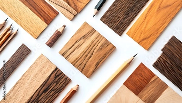 Fototapeta White background with wood swatches and pencils. Neat layout highlighting tone, grain, and texture. Ideal for product design or material preview.


