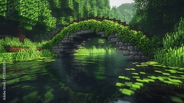 Obraz Mossy stone bridge over a peaceful river surrounded by dense greenery