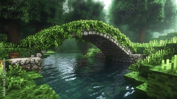 Obraz Mossy stone bridge over a peaceful river surrounded by dense greenery