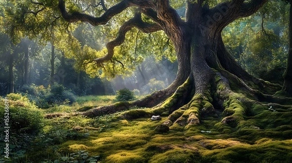 Obraz Majestic ancient tree with thick roots sprawling over a mossy forest floor