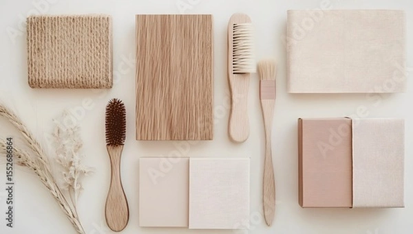 Fototapeta Beige stationery and soft pink boxes with a brush and dry flower, flat laid on white. Light brown accents add warmth.

