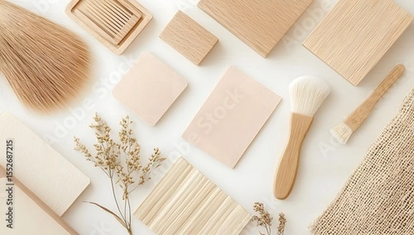 Fototapeta Minimalist flat lay with pink boxes, beige paper, wood tools, and a dried bloom on white. Soft tones with a touch of nature.

