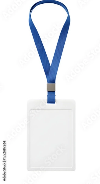 Fototapeta Blank white ID badge with a blue lanyard, perfect for corporate branding, presentations, or mockups. Isolated on white background. PNG format.