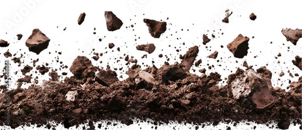 Obraz Chunks of brown soil and dirt levitate against a stark black backdrop in this compelling, earthy illustration, transparent background