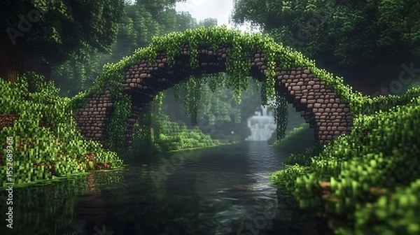 Obraz Mossy stone bridge over a peaceful river surrounded by dense greenery
