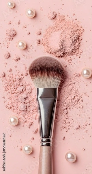 Fototapeta A soft flat lay of a makeup brush and powder on pastel peach. Pearls add charm to this feminine, high-res beauty scene.

