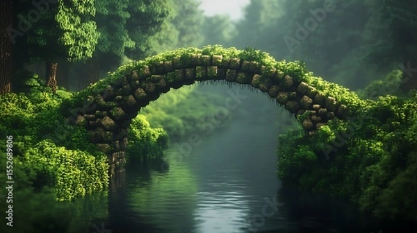 Obraz Mossy stone bridge over a peaceful river surrounded by dense greenery