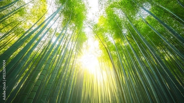 Obraz Mystical bamboo forest with soft sunlight filtering through tall green stalks