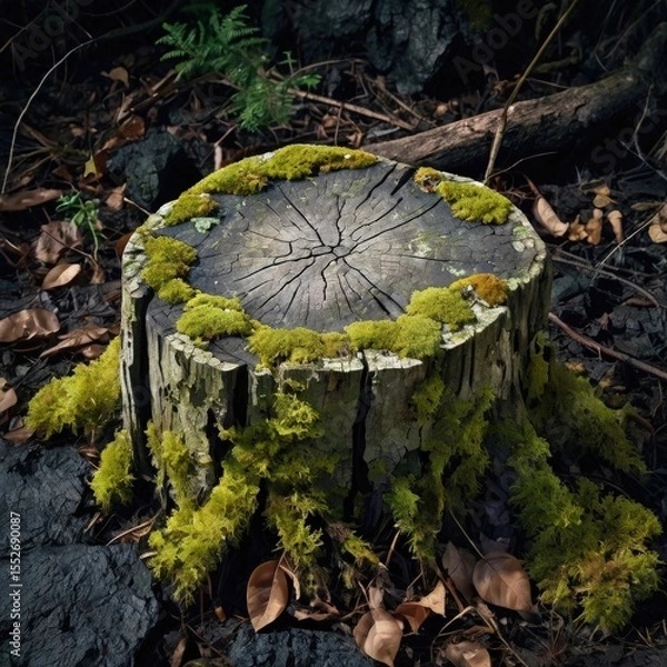 Obraz Ancient wisdom grows in mossy rings on an old stump in the deep woods of an old growth Forest