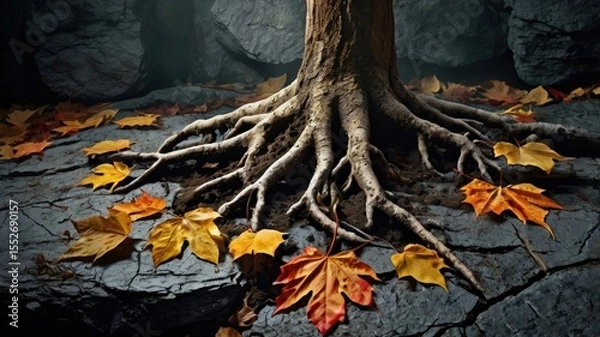 Obraz A symphony of leaves and stone where ancient branches meet the earth's embrace