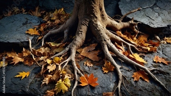 Obraz Entangled roots embrace autumn's colorful farewell, resting softly upon weathered stones in the crisp air of the forest