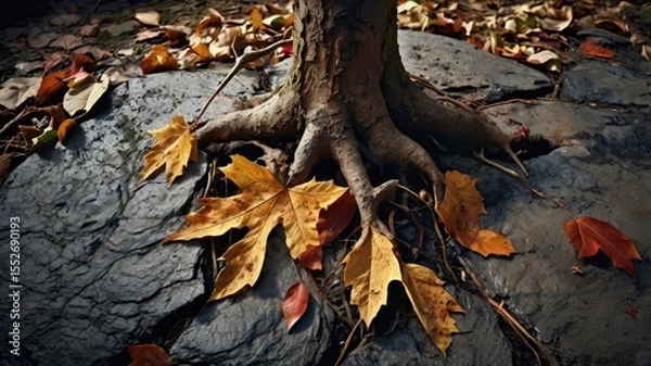 Obraz Beneath the canopy's golden shedding, roots burrow amongst cobblestones in an autumn dream, with fallen leaves gathering below