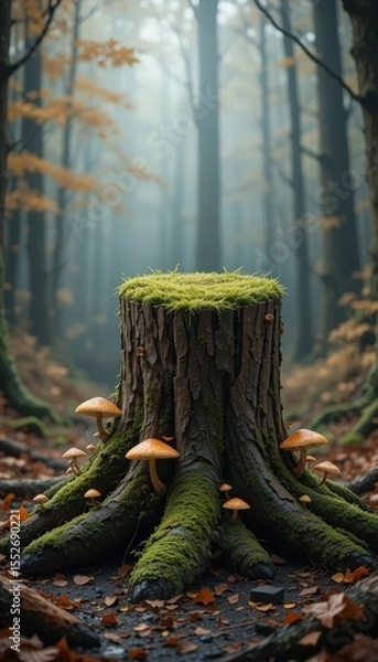 Obraz Mystic throne of the woods surrounded by vibrant toadstools in a foggy Autumn landscape