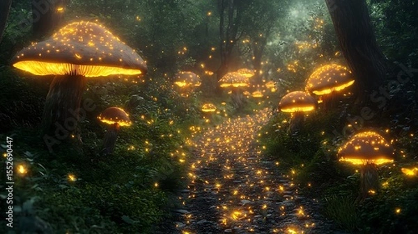 Obraz Mystical forest path with glowing mushrooms and fireflies illuminating the way