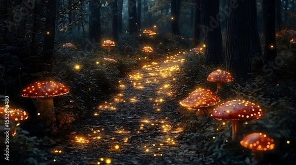 Obraz Mystical forest path with glowing mushrooms and fireflies illuminating the way