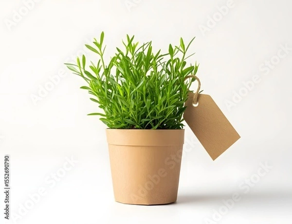 Fototapeta A paper pot with fresh grass and a tag, styled on a white background. Simple, eco, and clean visual concept.

