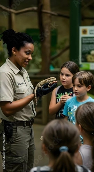 Fototapeta Diverse Zoo Educator Holding Small Animal and Engaging Curious Group for Learning