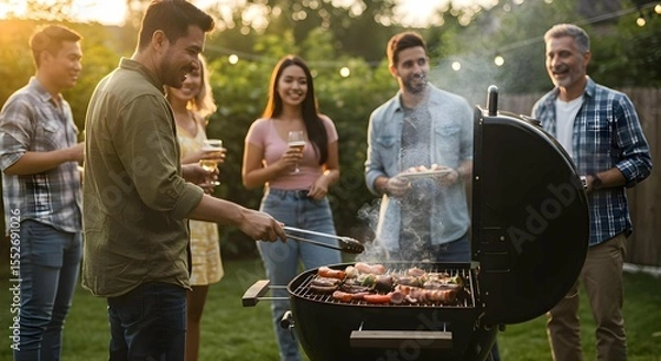 Fototapeta Diverse Friends and Family Gathered Casually Around Active Barbecue Grill in Backyard