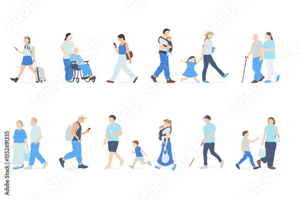 Obraz 歩く人物セット（家族・親子・高齢者・多様な日常）／福祉支援ブルーVer