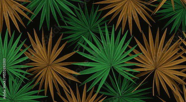 Fototapeta Abstract Palm Leaf Pattern with Green and Golden Leaves on Black Background