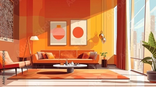 Fototapeta Stylish modern living room with orange furniture, abstract art, and a city view from a large window.