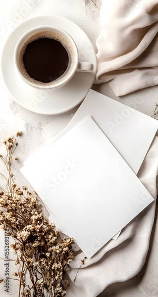 Fototapeta Simple cards and letter paper in soft beige, beside a warm drink and dried blooms. High detail, cozy mood.

