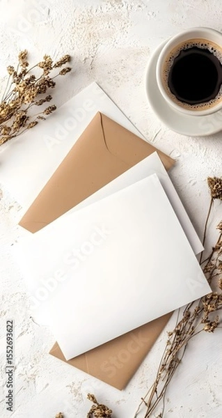 Fototapeta Minimal sheets and card with warm lines in beige, paired with coffee and blooms. Clean style, soft light, warm tone.

