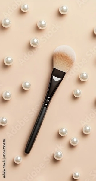 Fototapeta brush, and pearls in a soft peach setup on beige. Flat lay with high clarity and soft light—perfect for beauty brand visuals.

