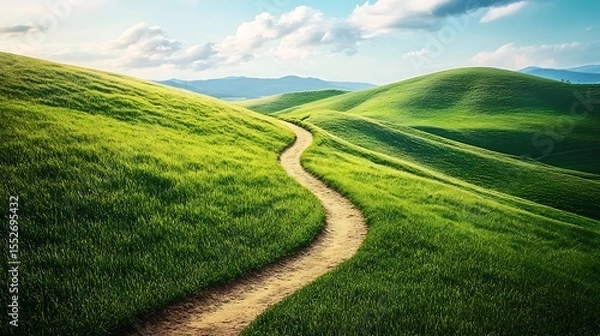 Obraz Rolling green hills with a winding dirt path leading into the horizon