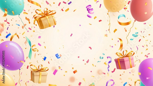 Fototapeta birthday background featuring colorful balloons, confetti, and gift boxes with central blank area for text placement. Cheerful, gender-neutral color palette.. Perfect for birthday invitations, digital