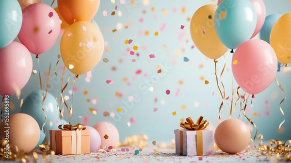 Fototapeta birthday background featuring colorful balloons, confetti, and gift boxes with central blank area for text placement. Cheerful, gender-neutral color palette.. Perfect for birthday invitations, digital