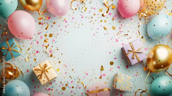 Fototapeta birthday background featuring colorful balloons, confetti, and gift boxes with central blank area for text placement. Cheerful, gender-neutral color palette.. Perfect for birthday invitations, digital