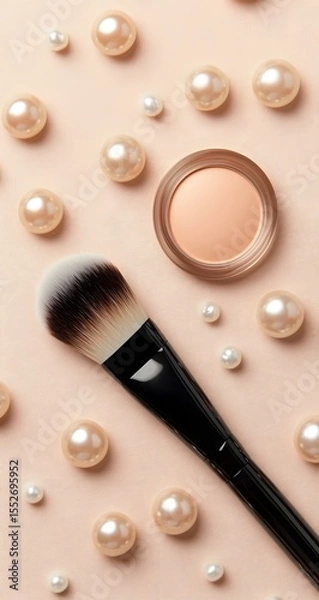 Fototapeta High-res flat lay showing a brush and cream with pearls. Beige and peach tones give a soft, chic touch for beauty or spa product ads.

