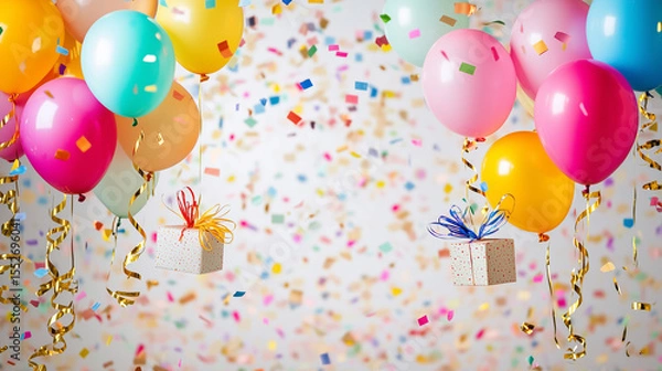 Fototapeta birthday background featuring colorful balloons, confetti, and gift boxes with central blank area for text placement. Cheerful, gender-neutral color palette.. Perfect for birthday invitations, digital