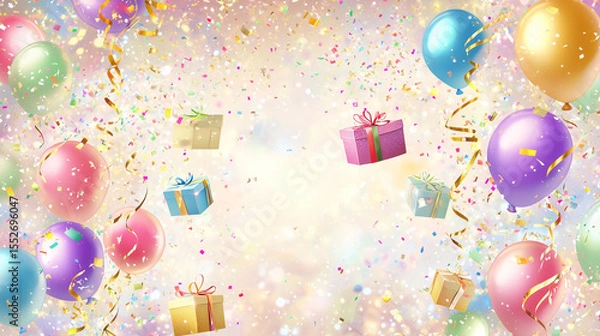 Fototapeta birthday background featuring colorful balloons, confetti, and gift boxes with central blank area for text placement. Cheerful, gender-neutral color palette.. Perfect for birthday invitations, digital