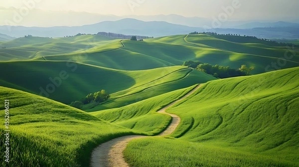 Obraz Rolling green hills with a winding dirt path leading into the horizon