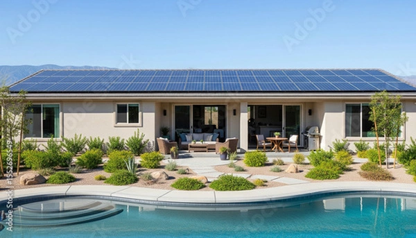 Fototapeta Modern Solar Powered House with Pool and Desert Landscaping in Sunny Suburban Environment