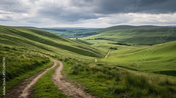 Obraz Rolling green hills with a winding dirt path leading into the horizon